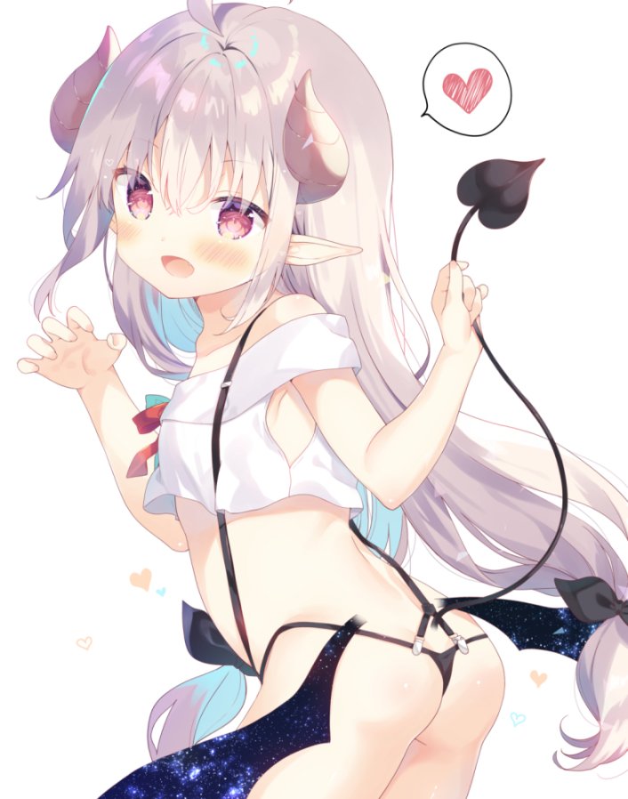 1girl :d ahoge ass bangs bare_shoulders black_panties black_ribbon blue_hair blush commentary_request curled_horns demon_girl demon_horns demon_tail demon_wings eyebrows_visible_through_hair fang hair_between_eyes hair_ribbon hands_up heart horns long_hair looking_at_viewer looking_to_the_side low-tied_long_hair low_wings multicolored_hair no_pants off-shoulder_shirt off_shoulder open_mouth original panties pointy_ears red_eyes ribbon shirt silver_hair smile solo spoken_heart succubus tail tail_grab two-tone_hair underwear very_long_hair white_shirt wings yuizaki_kazuya