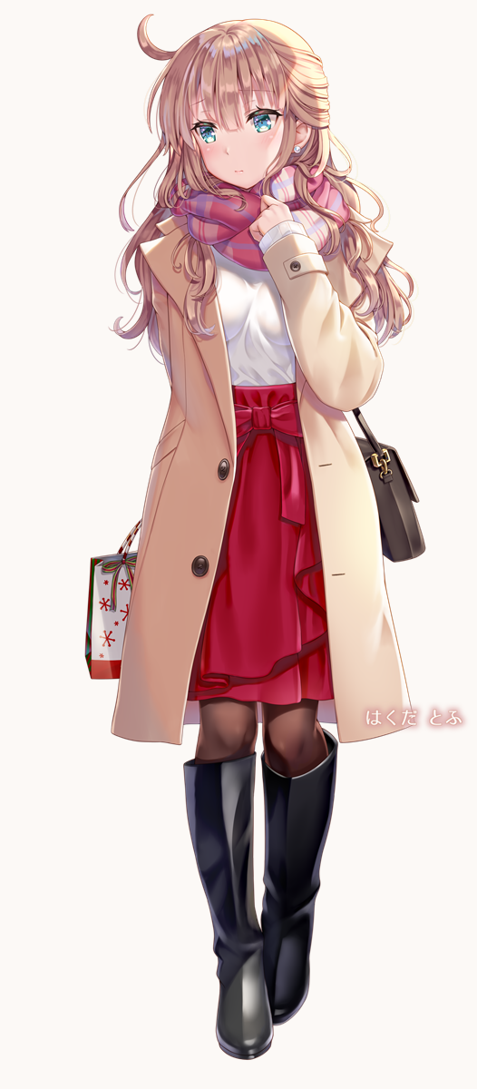 1girl bag bangs black_footwear blue_eyes blush boots bow breasts brown_background brown_coat brown_legwear character_request closed_mouth coat commentary_request earrings eyebrows_visible_through_hair fingerless_gloves full_body gloves hakuda_tofu hand_up highres iriam jewelry knee_boots light_brown_hair long_hair long_sleeves medium_breasts open_clothes open_coat pantyhose paper_bag plaid plaid_scarf red_bow red_skirt scarf shirt shoulder_bag skirt sleeves_past_wrists solo standing translated virtual_youtuber white_shirt