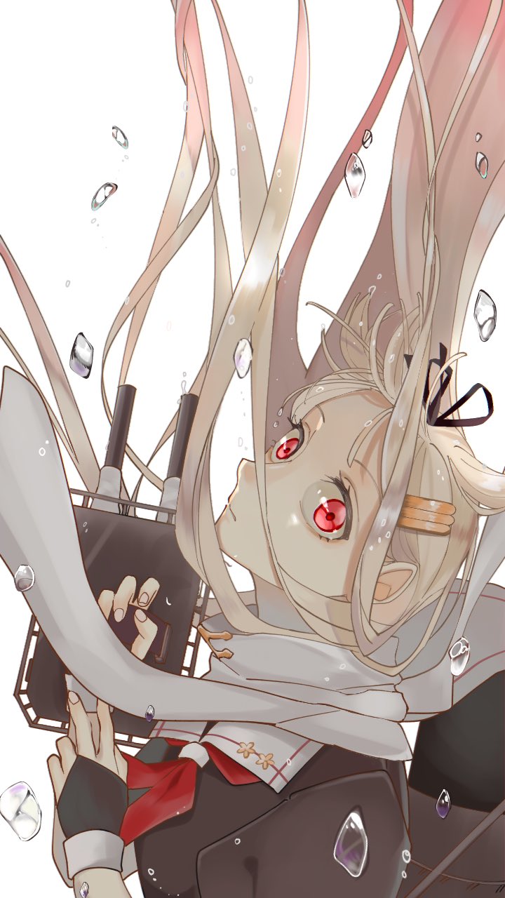 1girl adapted_turret bangs black_gloves black_ribbon black_serafuku blonde_hair breasts bubble closed_mouth commentary_request fingerless_gloves fingernails floating_hair gloves gradient_hair hair_ornament hair_ribbon hairclip handa_(jdox) highres holding holding_weapon kantai_collection long_hair looking_at_viewer machinery multicolored_hair neckerchief puffy_short_sleeves puffy_sleeves red_eyes red_neckwear redhead remodel_(kantai_collection) ribbon rigging sailor_collar scarf school_uniform serafuku short_sleeves simple_background smokestack solo turret upper_body weapon white_background white_sailor_collar white_scarf wide-eyed yuudachi_(kantai_collection)
