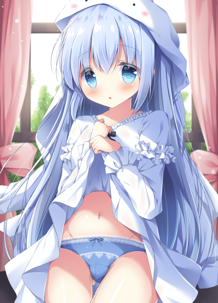 1girl :o ass_visible_through_thighs bangs blue_eyes blue_hair blue_panties blush bow bow_panties commentary_request curtains dress dress_lift eyebrows_visible_through_hair frilled_sleeves frills gochuumon_wa_usagi_desu_ka? groin hair_between_eyes highres hood hood_up indoors kafuu_chino lifted_by_self long_hair long_sleeves looking_at_viewer navel panties parted_lips satsuki_yukimi solo thigh_gap underwear very_long_hair white_dress window