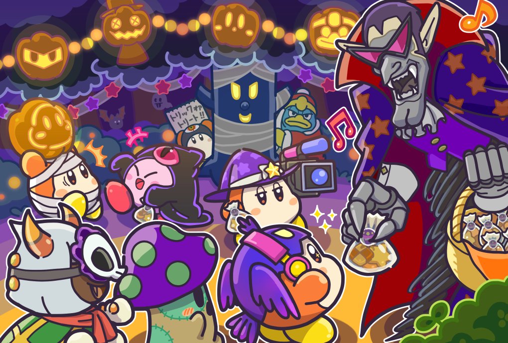 3boys basket candy cappy_(kirby) channel_ppp cosplay dark_nebula dark_nebula_(cosplay) food halloween halloween_costume hat horns king_dedede kirby kirby_(series) mask multiple_boys mummy_costume nightmare_(kirby) official_art pumpkin recording silver_hair taranza video_camera waddle_dee whispy_woods witch_hat