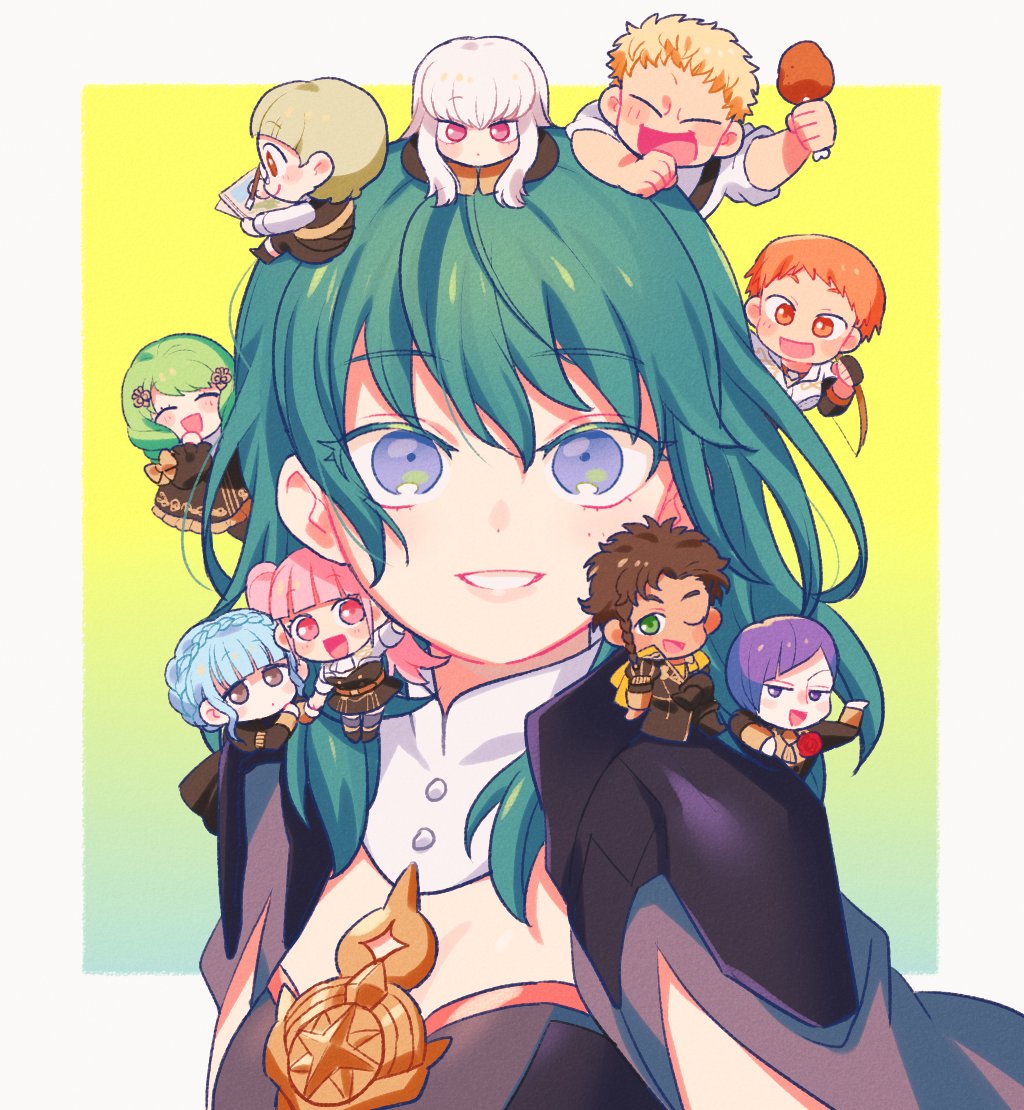 4boys 6+girls blonde_hair blue_eyes blue_hair braid brown_eyes brown_hair byleth_(fire_emblem) byleth_eisner_(female) chibi claude_von_riegan closed_eyes closed_mouth crown_braid dark_skin dark_skinned_male fire_emblem fire_emblem:_three_houses flayn_(fire_emblem) from_side garreg_mach_monastery_uniform glasses green_eyes green_hair hair_ornament hilda_valentine_goneril ignatz_victor leonie_pinelli long_hair lorenz_hellman_gloucester lysithea_von_ordelia marianne_von_edmund medium_hair multiple_boys multiple_girls one_eye_closed onigiri_kue open_mouth orange_eyes orange_hair pink_eyes pink_hair purple_hair raphael_kirsten short_hair simple_background sitting twintails uniform upper_body violet_eyes white_hair