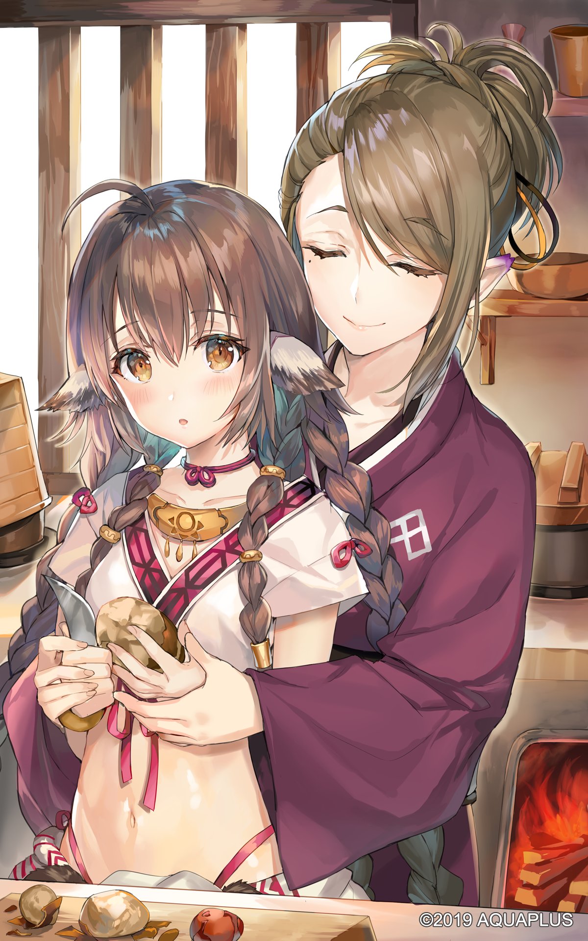 2girls ahoge animal_ears blush brown_eyes brown_hair choker closed_eyes closed_mouth collarbone commentary_request crop_top cutting_board furnace hair_ornament highleg highres holding holding_hands holding_knife japanese_clothes kimono knife long_hair long_sleeves looking_at_viewer midriff mole mole_under_eye momoko_(momopoco) multiple_girls navel official_art parted_lips pointy_ears potato quad_braids shirt short_sleeves sidelocks smile stomach utawareru_mono utawareru_mono:_lost_frag very_long_hair watermark white_shirt wide_sleeves