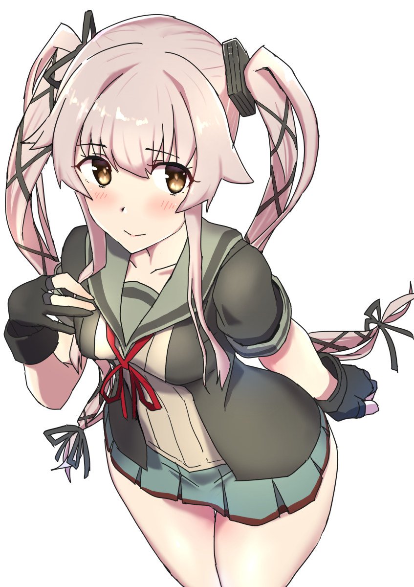 1girl alternate_hairstyle bangs black_gloves blush breasts comala_(komma_la) eyebrows_visible_through_hair fingerless_gloves gloves hair_flaps hair_ribbon hand_on_own_chest highres kantai_collection long_hair medium_breasts partly_fingerless_gloves pink_hair pleated_skirt red_neckwear remodel_(kantai_collection) ribbon sailor_collar school_uniform serafuku short_sleeves simple_background skirt smile solo twintails white_background yellow_eyes yura_(kantai_collection)