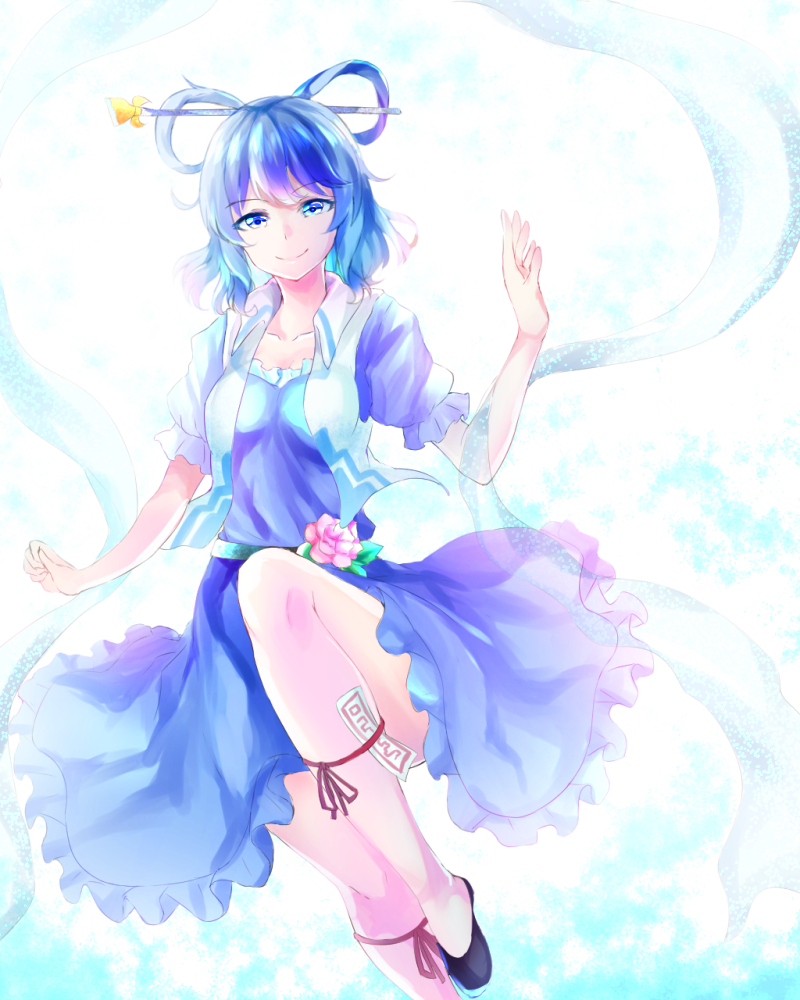 1girl bangs black_footwear blue_dress blue_eyes blue_hair closed_mouth commentary_request dress eyebrows_visible_through_hair flower hair_ornament hair_rings hairpin kaku_seiga looking_at_viewer nagomian ofuda puffy_short_sleeves puffy_sleeves red_ribbon ribbon shawl shoes short_sleeves smile solo touhou