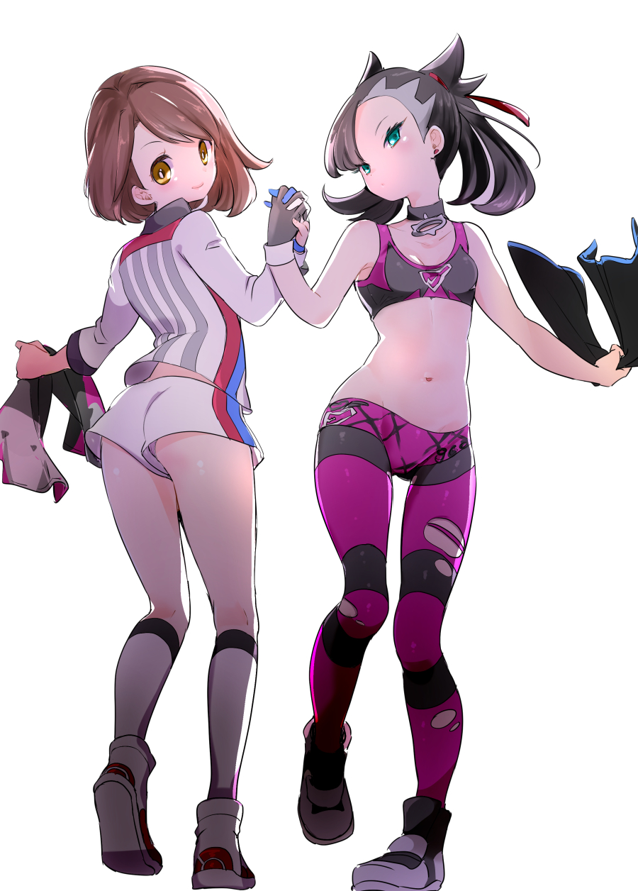 2girls aqua_eyes ass asymmetrical_bangs bangs bare_shoulders black_choker black_gloves black_hair blush breasts brown_eyes brown_hair choker chorimokki closed_mouth collarbone earrings full_body gloves head_tilt highres holding holding_towel jersey jewelry kneehighs long_sleeves looking_at_viewer mary_(pokemon) multiple_girls navel panties pants pokemon pokemon_(game) pokemon_swsh short_hair short_shorts shorts simple_background single_glove small_breasts smile sportswear standing stomach striped striped_pants swept_bangs tight tight_pants torn_clothes torn_pants towel twintails underwear upshorts white_background white_footwear white_hair white_legwear white_panties white_shorts yuuri_(pokemon)