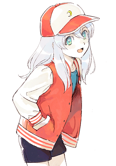 1boy :d alternate_hair_length alternate_hairstyle aqua_eyes baseball_cap black_shorts cowboy_shot crescent doraemon doraemon:_nobita_no_getsumentansaki from_side hair_between_eyes hand_in_pocket hat jacket leaning_forward letterman_jacket long_hair looking_at_viewer luca_(doraemon) mabui_(poloon) male_focus open_clothes open_jacket open_mouth shorts simple_background smile solo white_background white_hair