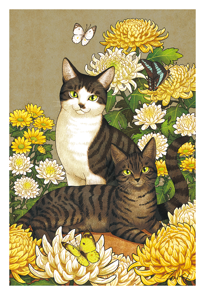 animal black_cat border bug butterfly cat cat_focus chrysanthemum flower insect looking_at_viewer no_humans original signature takigraphic white_border white_flower yellow_butterfly yellow_eyes yellow_flower