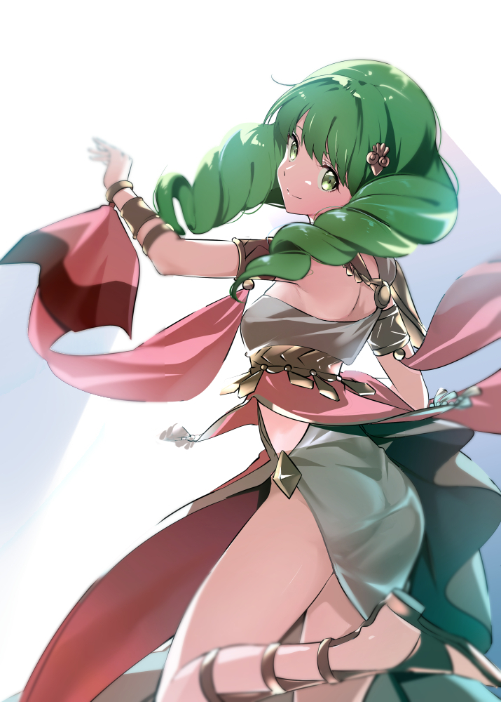 1girl armlet ass bangs bare_shoulders breasts closed_mouth dancer dancing dress drill_hair fire_emblem fire_emblem:_three_houses flayn_(fire_emblem) from_side green_eyes green_hair grey_dress hair_ornament leg_up long_hair looking_at_viewer looking_to_the_side misu_kasumi revealing_clothes simple_background small_breasts smile solo twin_drills white_background