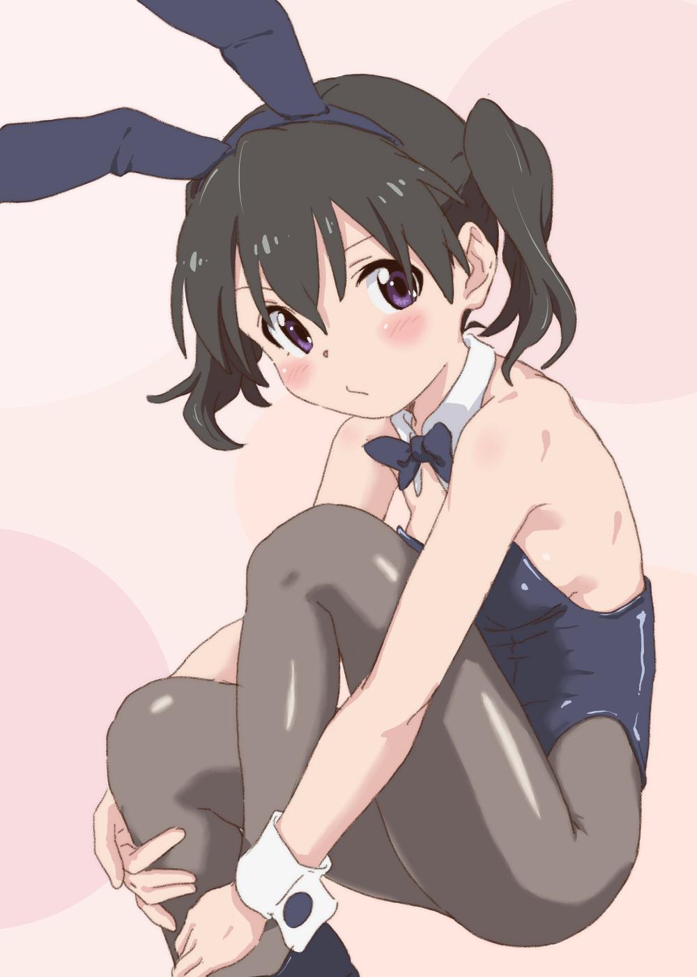 1girl animal_ears black_footwear black_hair black_legwear black_leotard black_neckwear blush bow bowtie breasts bunnysuit closed_mouth collar commentary detached_collar fake_animal_ears frown highres kuraue_hinata leg_hug leotard looking_at_viewer pantyhose rabbit_ears shoes short_hair sitting small_breasts solo strapless strapless_leotard twintails violet_eyes white_collar wing_collar wrist_cuffs yama_no_susume yougiri