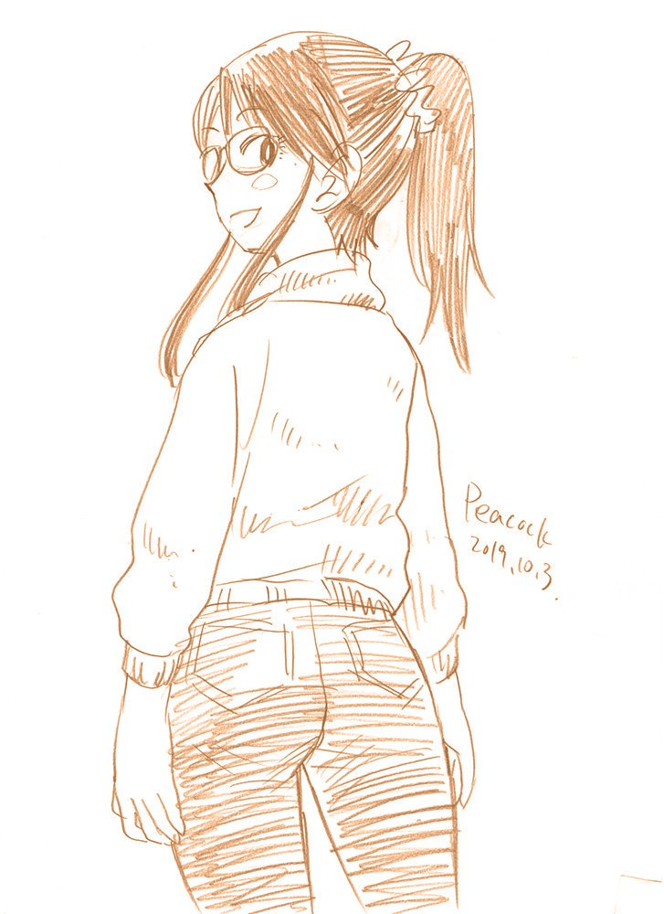 1girl bangs blush commentary_request cowboy_shot denim eyebrows_visible_through_hair glasses graphite_(medium) hair_ornament hair_scrunchie jeans koiwai_koharuko looking_at_viewer looking_back monochrome open_mouth pants peacock_(p-location) ponytail scrunchie signature simple_background sketch smile solo sweater traditional_media turtleneck turtleneck_sweater white_background white_scrunchie yotsubato!