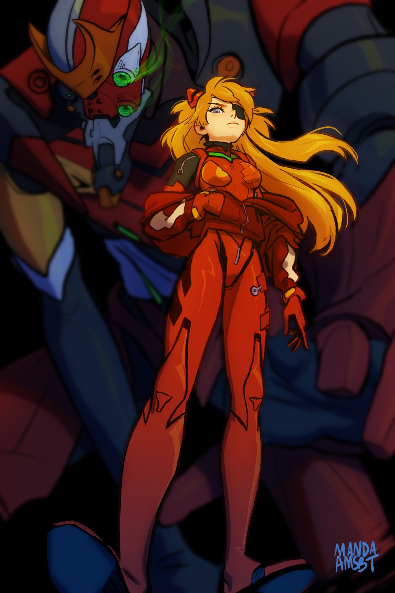 1girl blue_eyes bodysuit breasts commentary english_commentary eva_02 evangelion:_3.0_you_can_(not)_redo eyepatch from_below hairpods hand_in_pocket highres jacket long_hair looking_at_viewer looking_down manda_schank mecha neon_genesis_evangelion off-shoulder_jacket one-eyed open_clothes open_jacket orange_hair pilot_suit plugsuit rebuild_of_evangelion red_bodysuit shikinami_asuka_langley small_breasts souryuu_asuka_langley track_jacket