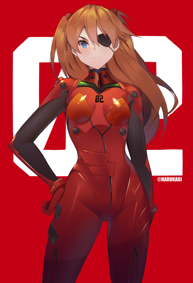 1girl bandages blue_eyes bodysuit brown_hair cowboy_shot evangelion:_3.0_you_can_(not)_redo eyepatch hand_on_hip harukagi headgear interface_headset neon_genesis_evangelion orange_bodysuit pilot_suit plugsuit rebuild_of_evangelion red_bodysuit shikinami_asuka_langley solo souryuu_asuka_langley