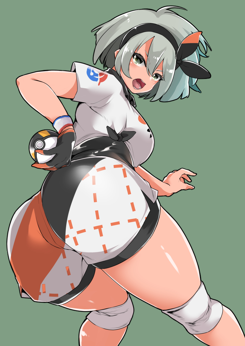 1girl ass blue_eyes bodysuit breasts gloves green_background hairband kirekawa_(lovelyplace) open_mouth poke_ball pokemon pokemon_(game) pokemon_swsh saitou_(pokemon) short_hair shorts silver_hair simple_background solo teeth tongue