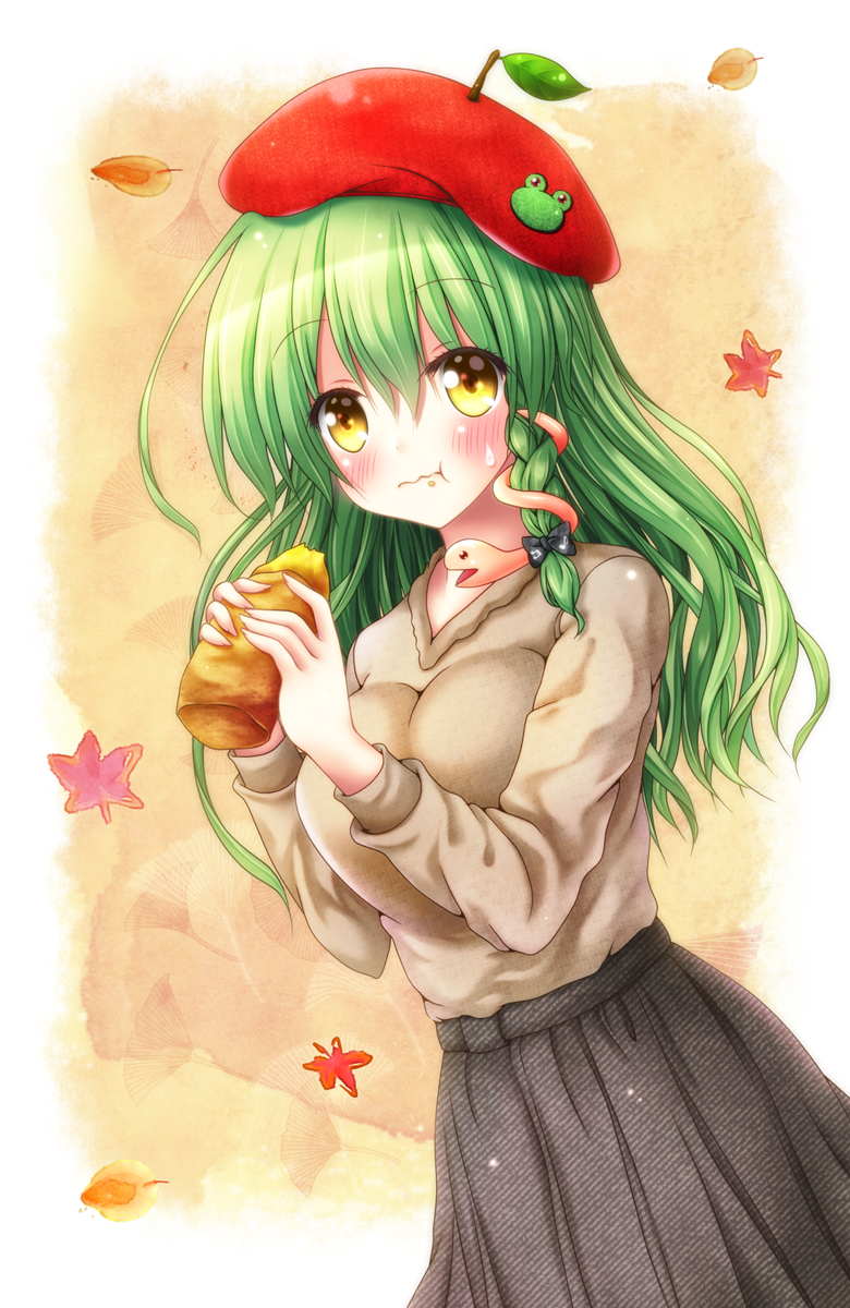 1girl :t alternate_costume animal_print autumn_leaves bangs beret black_bow black_skirt blush bow breasts casual commentary_request contemporary cowboy_shot eyebrows_visible_through_hair food frog_print green_hair grey_shirt hair_between_eyes hair_bow hair_ornament hat highres holding holding_food kochiya_sanae large_breasts leaf long_hair long_sleeves looking_at_viewer osashin_(osada) pleated_skirt red_headwear shirt skirt snake_hair_ornament solo standing sweat sweet_potato touhou yellow_eyes