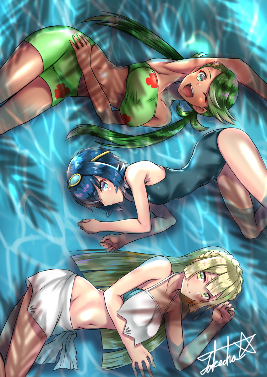 3girls arm_up armpits bare_shoulders bikini blonde_hair blue_eyes blue_hair braid closed_mouth dark_skin goggles goggles_on_head green_eyes green_hair hair_ornament hand_on_hip highres lillie_(pokemon) long_hair low_twintails mallow_(pokemon) midriff multiple_girls navel nintendo pokemon shorts signature staryu suiren_(pokemon) swimsuit takecha twintails water