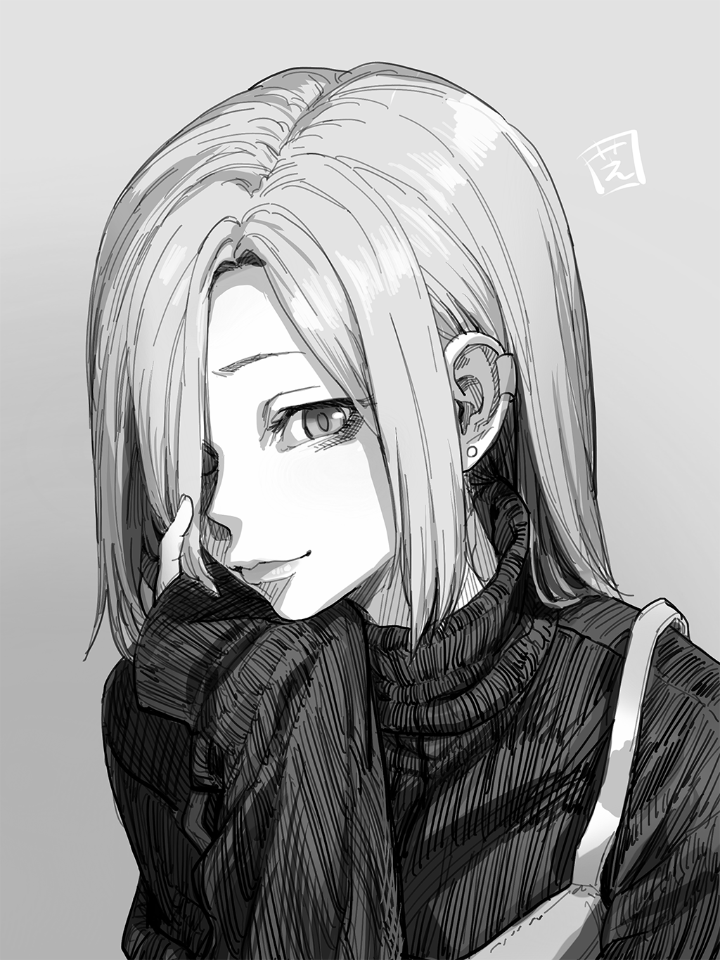 1girl arm_support commentary ear_piercing earrings greyscale hair_over_one_eye highres idolmaster idolmaster_cinderella_girls jewelry long_hair long_sleeves looking_at_viewer monochrome older piercing shiba_itsuki shirasaka_koume signature simple_background sleeves_past_wrists solo stud_earrings sweater turtleneck turtleneck_sweater upper_body