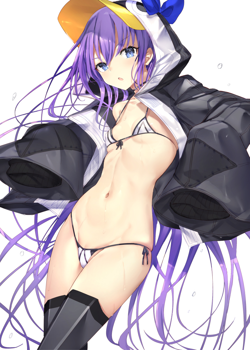1girl animal_costume bikini blue_eyes breasts commentary_request cowboy_shot fate/grand_order fate_(series) front-tie_bikini front-tie_top haishiki highres long_hair long_sleeves looking_at_viewer meltryllis micro_bikini navel open_mouth penguin_costume purple_hair side-tie_bikini sidelocks simple_background skindentation sleeves_past_fingers sleeves_past_wrists small_breasts solo stomach strap_gap swimsuit thigh-highs v-shaped_eyebrows very_long_hair white_background white_bikini