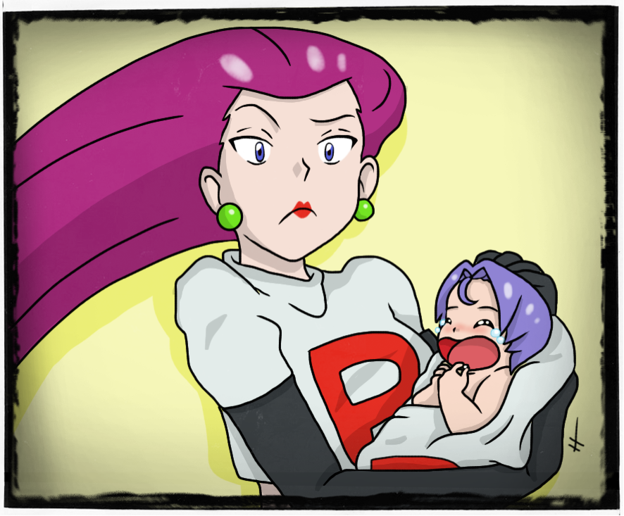 1boy 1girl age_regression baby blue_eyes blue_hair buchichu closed_eyes crying jewelry kojirou_(pokemon) musashi_(pokemon) pokemon pokemon_(anime) team_rocket younger