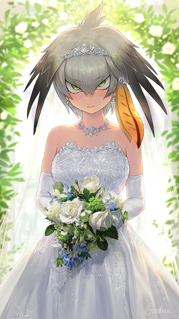 1girl alternate_costume bangs bare_shoulders blurry blurry_background blush bouquet bridal_veil bride commentary dress earrings elbow_gloves eyebrows_visible_through_hair flower gloves green_eyes grey_hair guchico hair_between_eyes hair_ornament hairclip head_wings holding holding_bouquet japari_symbol jewelry kemono_friends looking_at_viewer multicolored_hair necklace orange_hair shoebill_(kemono_friends) short_hair signature single_sidelock solo strapless tiara two-tone_hair v-shaped_eyebrows veil wedding_dress white_dress white_gloves