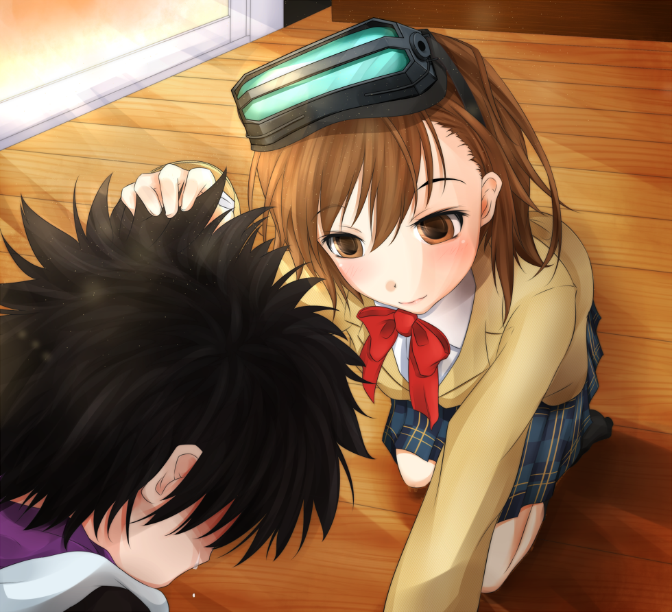 1boy 1girl arm_up black_hair blazer blush bow bowtie brown_hair brown_jacket closed_mouth commentary_request crying empty_eyes hair_between_eyes hand_on_another's_head head-mounted_display indoors jacket kamijou_touma light_smile long_sleeves looking_at_another looking_down medium_hair miniskirt misaka_imouto misaka_network_sotai plaid plaid_skirt pleated_skirt red_bow red_bowtie scene_reference school_uniform shin_(highest1192) shirt short_hair skirt spiky_hair spoilers teardrop tears toaru_majutsu_no_index toaru_majutsu_no_index:_new_testament tokiwadai_school_uniform white_shirt wooden_floor