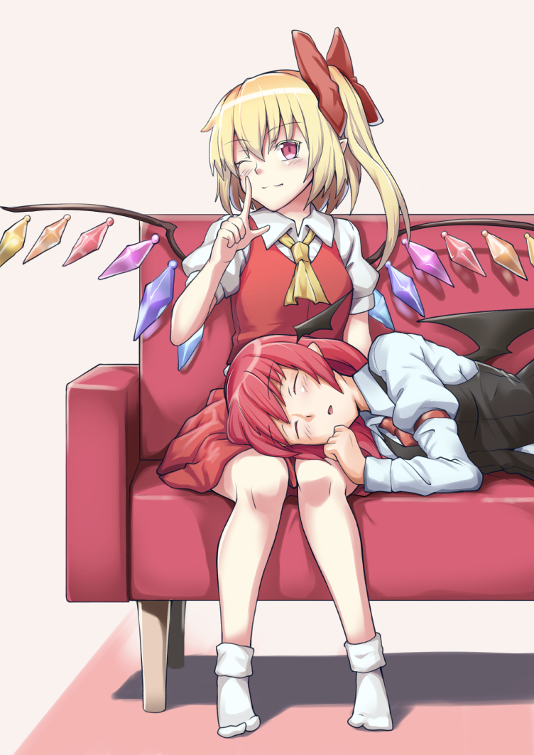 2girls armband black_vest blonde_hair blush bobby_socks bow commentary_request couch cravat demon_wings eyebrows_visible_through_hair finger_to_cheek flandre_scarlet hair_between_eyes hair_bow head_tilt head_wings koakuma lap_pillow long_hair long_sleeves looking_at_viewer lying multiple_girls no_hat no_headwear no_shoes on_side one_eye_closed pointy_ears puffy_short_sleeves puffy_sleeves red_eyes red_skirt red_vest redhead ryuuno_stadtfeld shadow shirt short_hair short_sleeves side_ponytail sitting skirt sleeping smile socks touhou vest white_background white_legwear white_shirt wings yellow_neckwear