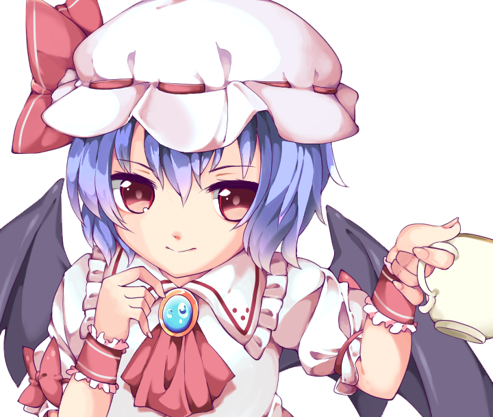 1girl arms_up bat_wings blouse blue_hair brooch commentary_request cravat cup cycloneyukari fingernails frilled_shirt_collar frills hair_between_eyes hand_on_own_chest hat hat_ribbon holding holding_cup jewelry light_smile looking_at_viewer mob_cap puffy_short_sleeves puffy_sleeves red_eyes red_neckwear remilia_scarlet ribbon short_hair short_sleeves simple_background solo teacup touhou upper_body white_background white_blouse white_headwear wings wrist_cuffs