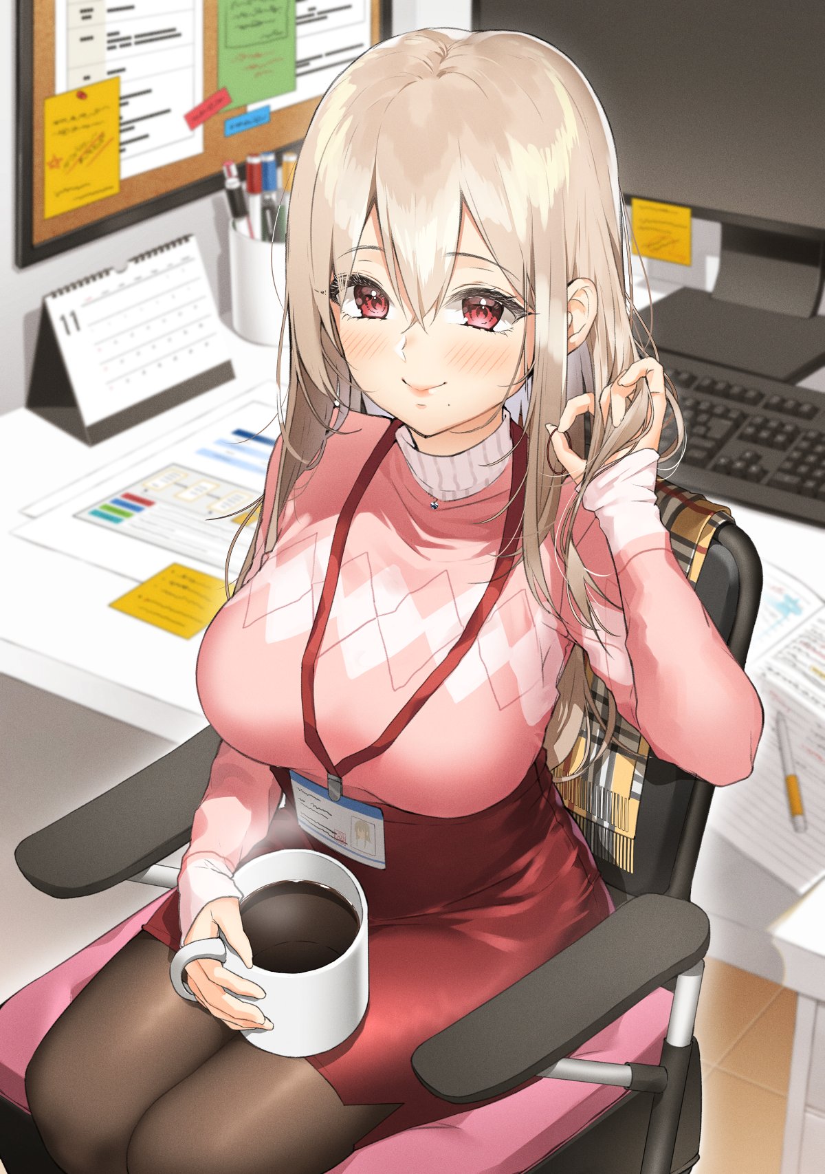 1girl bangs blush breasts bulletin_board calendar_(object) chair closed_mouth coffee coffee_mug commentary_request cup desk highres holding holding_cup id_card keyboard_(computer) lanyard large_breasts long_hair looking_at_viewer marker monitor mug office_chair office_lady original pantyhose paper pen pen_holder pencil_skirt pink_lips pink_sweater platinum_blonde_hair ran_s200 red_eyes red_skirt scarf sitting skirt smile sticky_note sweater