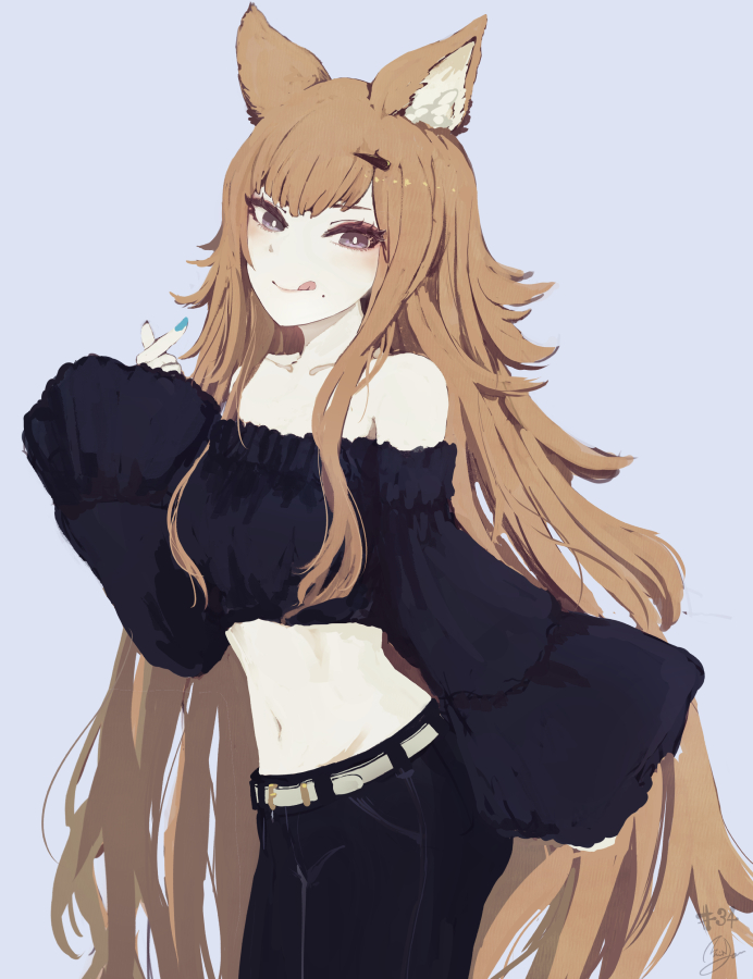 1girl :q animal_ear_fluff animal_ears black_pants black_shirt blue_nails brown_eyes brown_hair closed_mouth commentary_request cowboy_shot erune granblue_fantasy grey_background hair_ornament hairclip long_hair long_sleeves metera_(granblue_fantasy) midriff minyom mole mole_under_mouth nail_polish navel off-shoulder_shirt off_shoulder pants shirt simple_background sleeves_past_wrists smile solo stomach tongue tongue_out very_long_hair wide_sleeves