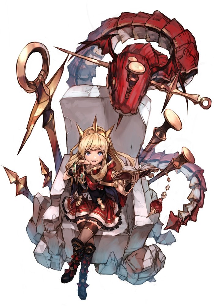 1girl bangs black_footwear black_legwear blonde_hair blush book boots bracelet cagliostro_(granblue_fantasy) cape chair crossed_legs dragon from_above granblue_fantasy hairband hankuri holding holding_book jewelry long_hair looking_at_viewer looking_up nail open_book open_mouth red_skirt simple_background sitting skirt smile solo thigh-highs tiara violet_eyes white_background world_flipper