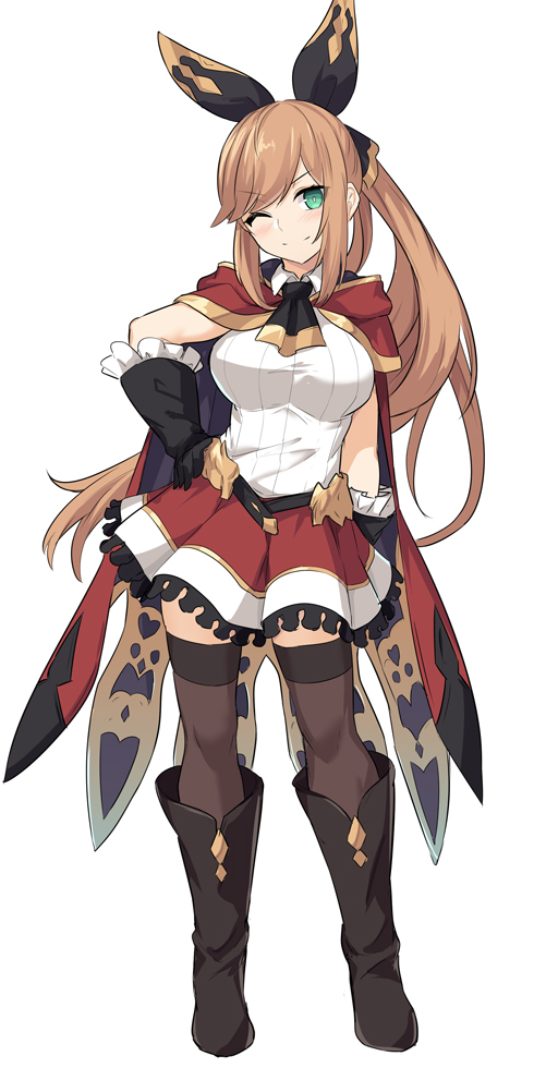 1girl bangs belt black_footwear black_gloves black_legwear black_ribbon blush boots breasts cape clarisse_(granblue_fantasy) closed_mouth full_body gloves granblue_fantasy green_eyes hair_ribbon large_breasts long_hair looking_at_viewer one_eye_closed orange_hair ponytail red_cape red_skirt ribbed_shirt ribbon shirt shiseki_hirame short_hair simple_background skirt smile solo swept_bangs thigh-highs white_background