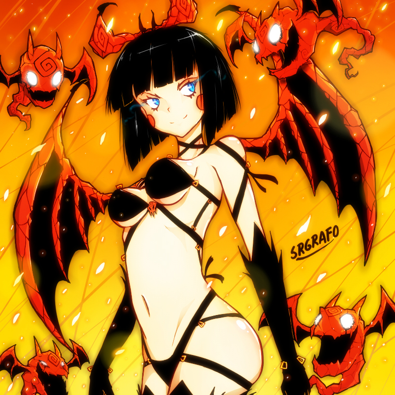 1girl andre_rojas_(srgrafo) bangs black_gloves blue_eyes blunt_bangs blush_stickers bob_cut bow breasts chloe_(r/animemes) choker commentary dark_persona demon_girl demon_wings elbow_gloves english_commentary evil_smile familiar gloves glowing glowing_eyes hair_bow medium_breasts navel orange_bow reddit revealing_clothes ribbon_choker slit_pupils smile solo under_boob wings