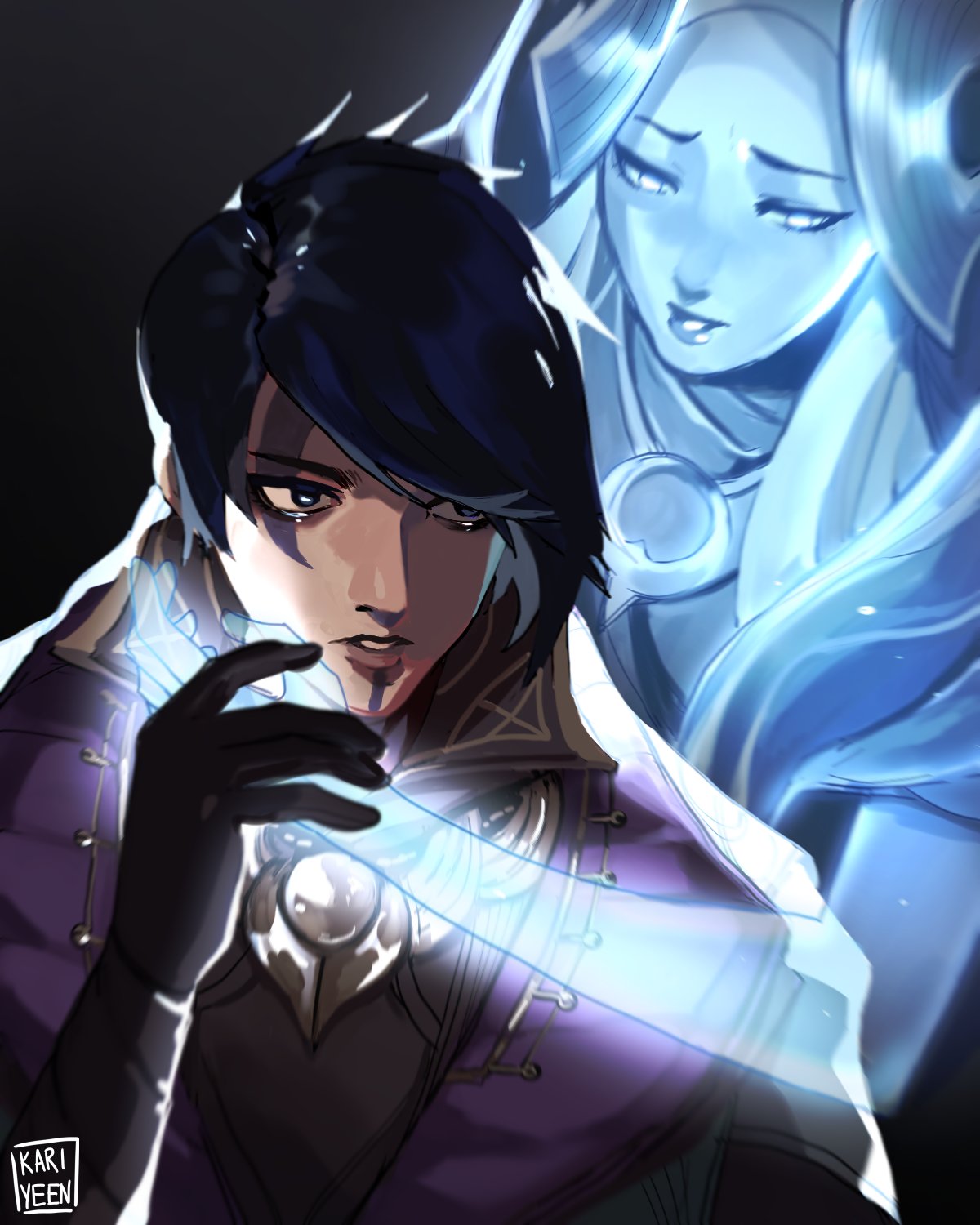 1boy 1girl aphelios artist_name black_eyes black_hair coat facial_mark facial_tattoo ghost gloves hair_over_one_eye hand_on_another's_cheek hand_on_another's_face highres jacket kari_yen league_of_legends short_hair siblings spirit tattoo wing_collar