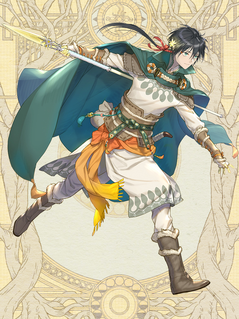 1boy black_hair blue_eyes boots bracer brown_footwear cape commission dairoku_youhei full_body gloves green_cape holding holding_spear holding_weapon infospikee joha_kigal knife long_hair long_sleeves male_focus pants polearm ponytail pouch running simple_background solo spear weapon