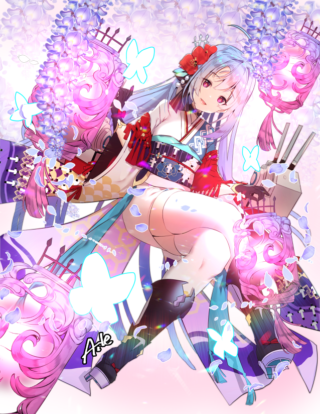 1girl :d aile_(crossroads) azur_lane black+ black_footwear blue_flower blue_hair boots cannon commentary_request crossed_legs flower full_body glowing hair_flower hair_ornament helena_(azur_lane) high_heel_boots high_heels japanese_clothes kimono lantern long_hair long_sleeves looking_at_viewer obi open_mouth purple_hair red_flower sash shoe_soles signature smile solo turret very_long_hair white_kimono wide_sleeves