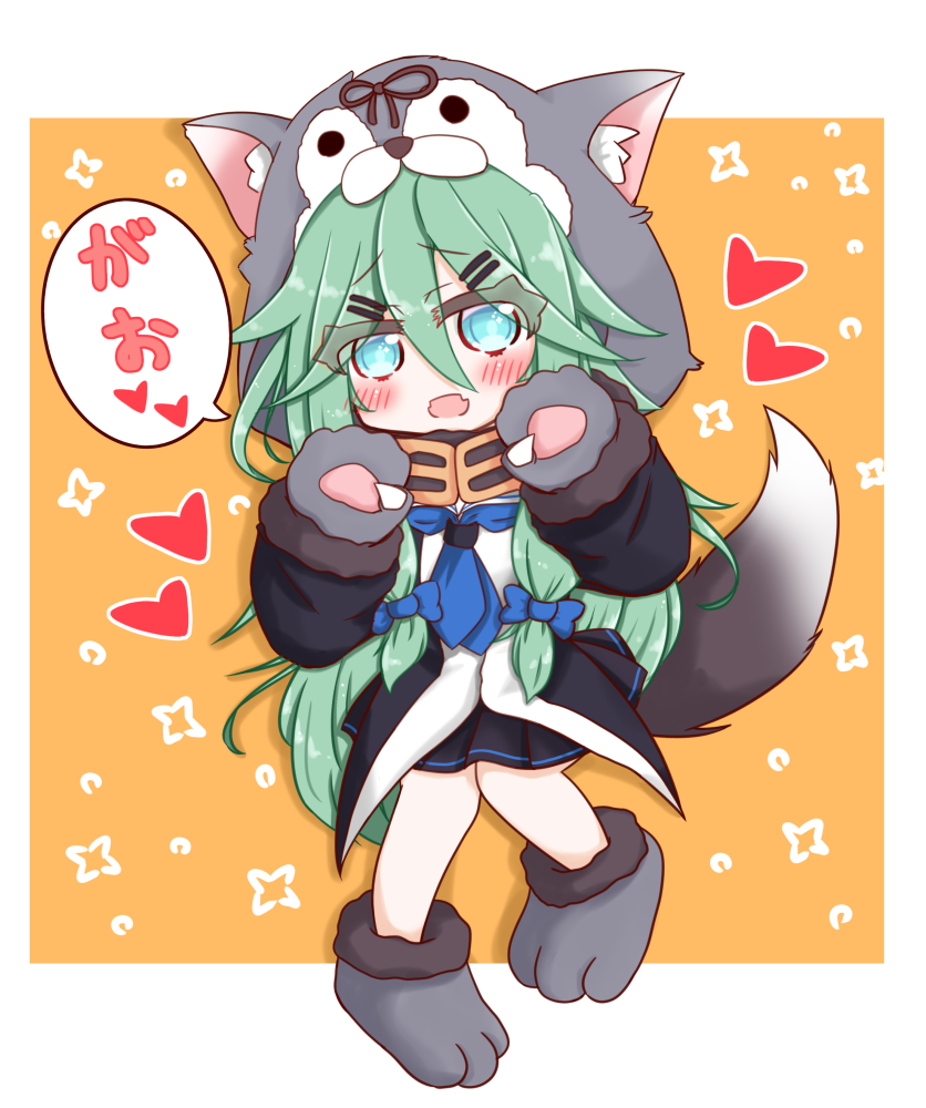 1girl :d animal_ear_fluff animal_ears animal_hat bangs black_shirt black_skirt blue_bow blue_eyes blue_neckwear blush bow commentary_request cosplay eyebrows_visible_through_hair fake_animal_ears fangs full_body fur-trimmed_gloves fur_trim gloves green_hair grey_footwear grey_gloves hair_between_eyes hair_bow hair_ornament hairclip hat heart kantai_collection long_hair long_sleeves looking_at_viewer neckerchief open_mouth paw_gloves paw_shoes paws pleated_skirt ridy_(ri_sui) shirt shoes sidelocks skirt smile solo standing tail translated very_long_hair wolf_ears wolf_hat wolf_tail yamakaze_(kantai_collection) yuudachi_(kantai_collection) yuudachi_(kantai_collection)_(cosplay)