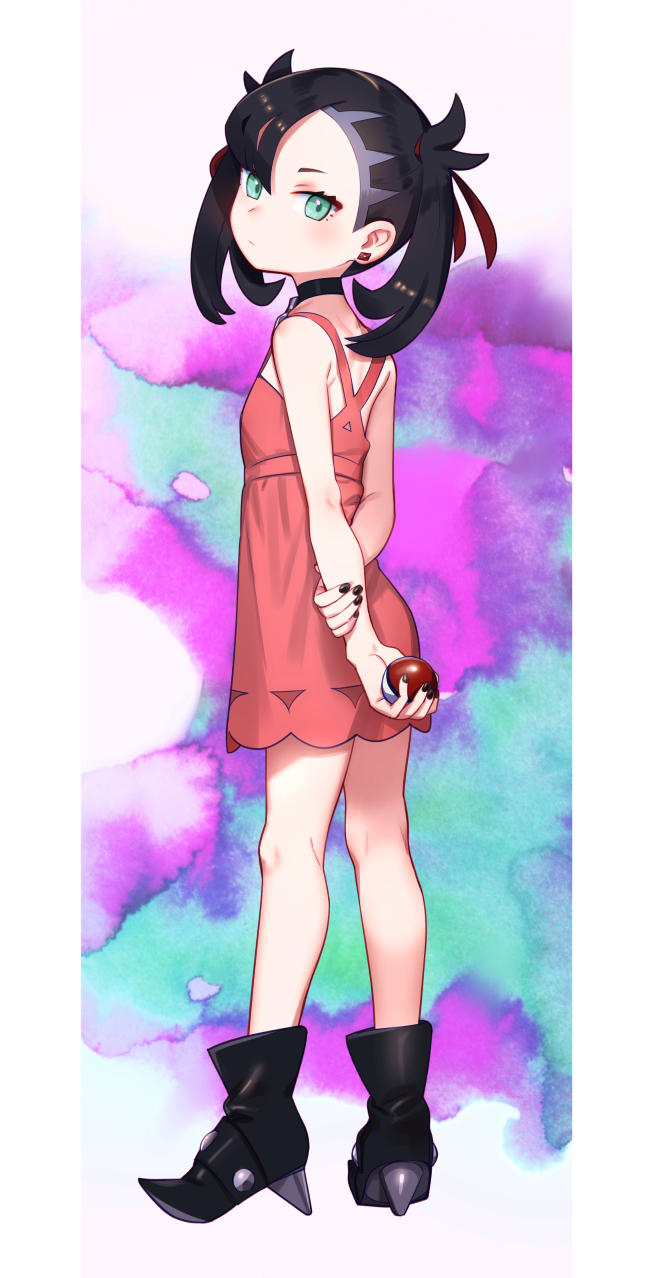 1girl aqua_eyes bare_shoulders black_hair black_nails boots choker dress full_body half-closed_eyes high_heel_boots high_heels highres looking_at_viewer mary_(pokemon) nail_polish pink_dress poke_ball pokemon pokemon_(game) pokemon_swsh shamonabe short_twintails sleeveless sleeveless_dress solo spikes twintails