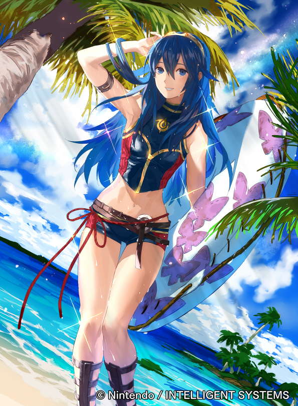 1girl armpits bare_shoulders beach blue_eyes blue_hair clouds commentary_request day fire_emblem fire_emblem_awakening fire_emblem_cipher hairband innertube long_hair lucina lucina_(fire_emblem) mayo_(becky2006) midriff navel official_art palm_tree sandals short_shorts shorts sky solo tree water wet