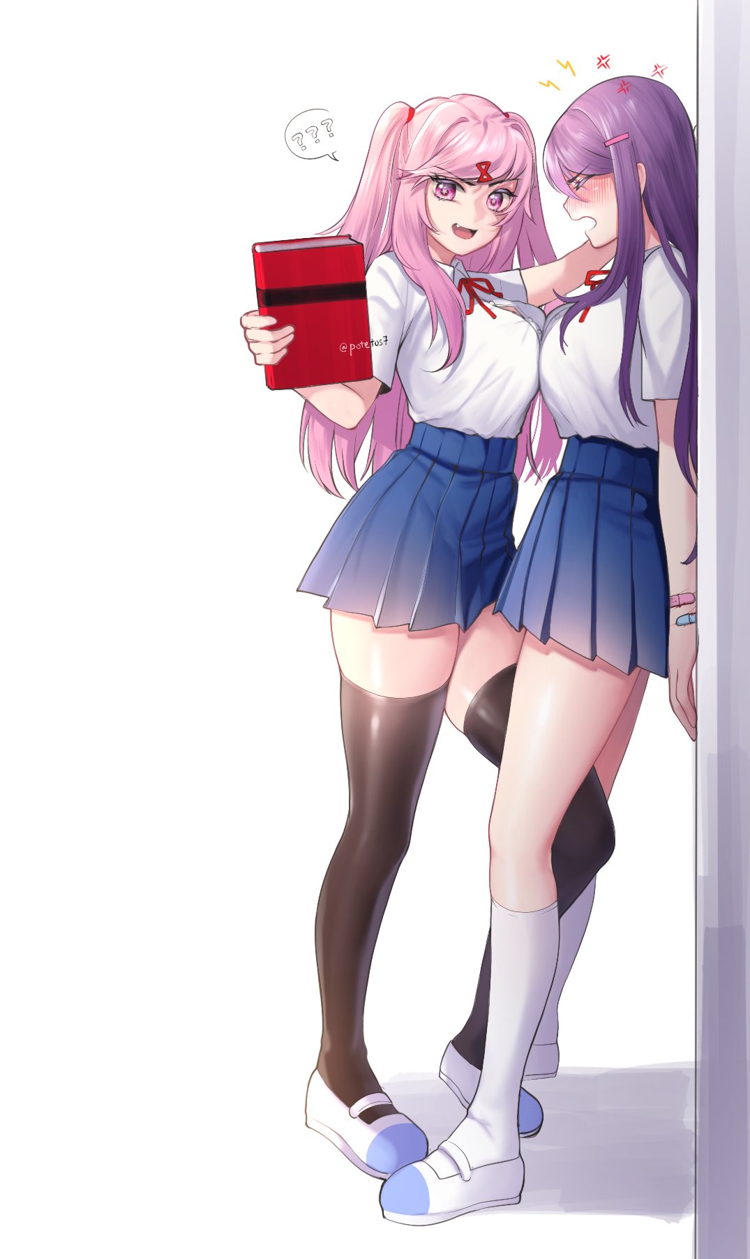 2girls :d ? alternate_breast_size alternate_hair_length alternate_hairstyle alternate_height anger_vein angry bandaid bangs black_legwear blue_skirt blush book breast_press breasts closed_eyes commentary doki_doki_literature_club eyebrows_visible_through_hair fang full_body hair_ornament hairclip highres holding holding_book kneehighs large_breasts leg_between_thighs lightning_bolt long_hair multiple_girls natsuki_(doki_doki_literature_club) nose_blush open_mouth pink_eyes pink_hair pleated_skirt potetos7 purple_hair scar shirt shoes short_sleeves simple_background skirt smile spoken_question_mark star star_in_eye symbol_commentary symbol_in_eye symmetrical_docking thigh-highs two_side_up uwabaki v-shaped_eyebrows wall_slam white_background white_legwear white_shirt yuri_(doki_doki_literature_club)