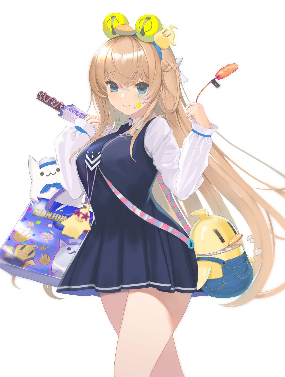 1girl azur_lane bag bangs blonde_hair blue_eyes blue_neckwear blue_skirt breasts candy candy_bar cat_teaser closed_mouth collared_shirt commentary_request eyebrows_visible_through_hair facepaint food glorious_(azur_lane) glorious_(glorious_school_life)_(azur_lane) hair_between_eyes hairband highres large_breasts long_hair long_sleeves looking_at_viewer manjuu_(azur_lane) meowfficer_(azur_lane) nanam_(nanam_sk) necktie pleated_skirt shirt shopping_bag sidelocks simple_background skirt smile solo sweater_vest thighs very_long_hair walking white_background