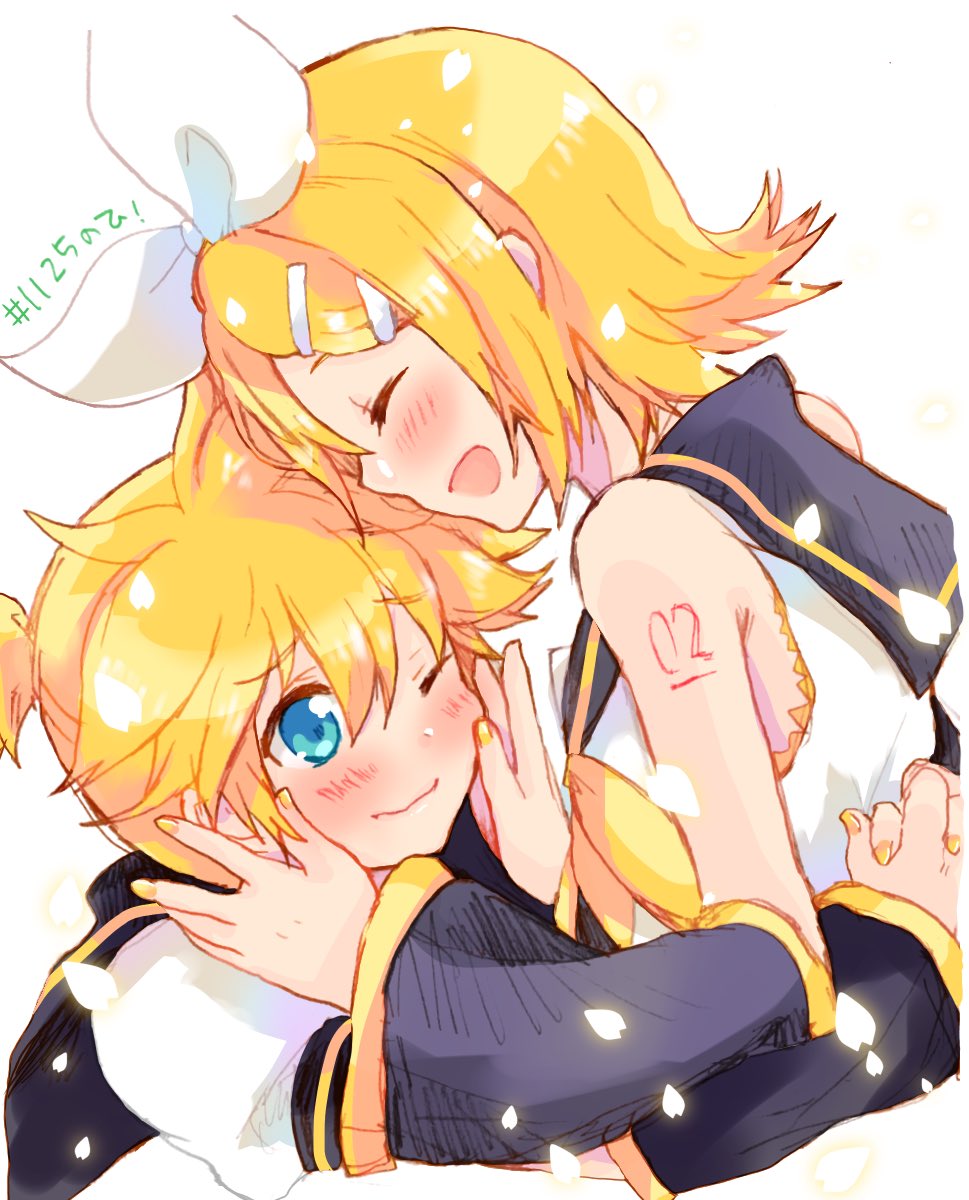 1boy 1girl bangs bare_shoulders black_collar black_sleeves blonde_hair blue_eyes blush bow brother_and_sister closed_eyes closed_mouth collar commentary crop_top detached_sleeves hair_bow hair_ornament hairclip hands_on_another's_face highres hug kagamine_len kagamine_rin nail_polish neckerchief one_eye_closed open_mouth sailor_collar school_uniform shiroro69 shirt short_hair short_ponytail short_sleeves shoulder_tattoo siblings sleeveless sleeveless_shirt smile spiky_hair swept_bangs tattoo translated twins upper_body vocaloid white_bow white_shirt yellow_nails yellow_neckwear