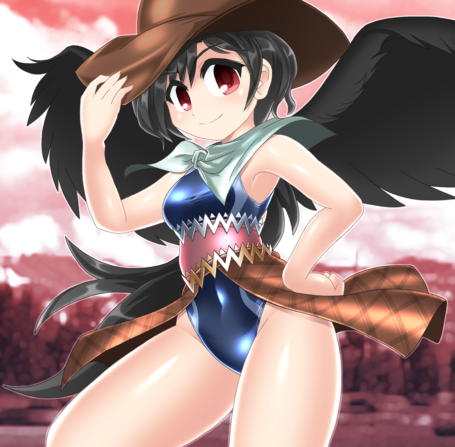 1girl belt black_hair black_wings blue_swimsuit brown_headwear clouds commentary_request competition_swimsuit contrapposto cowboy_hat cowboy_shot hat holding holding_hat horse_tail kurokoma_saki long_hair looking_at_viewer one-piece_swimsuit ponytail red_eyes red_sky sky smile solo standing swimsuit tail touhou wings winn