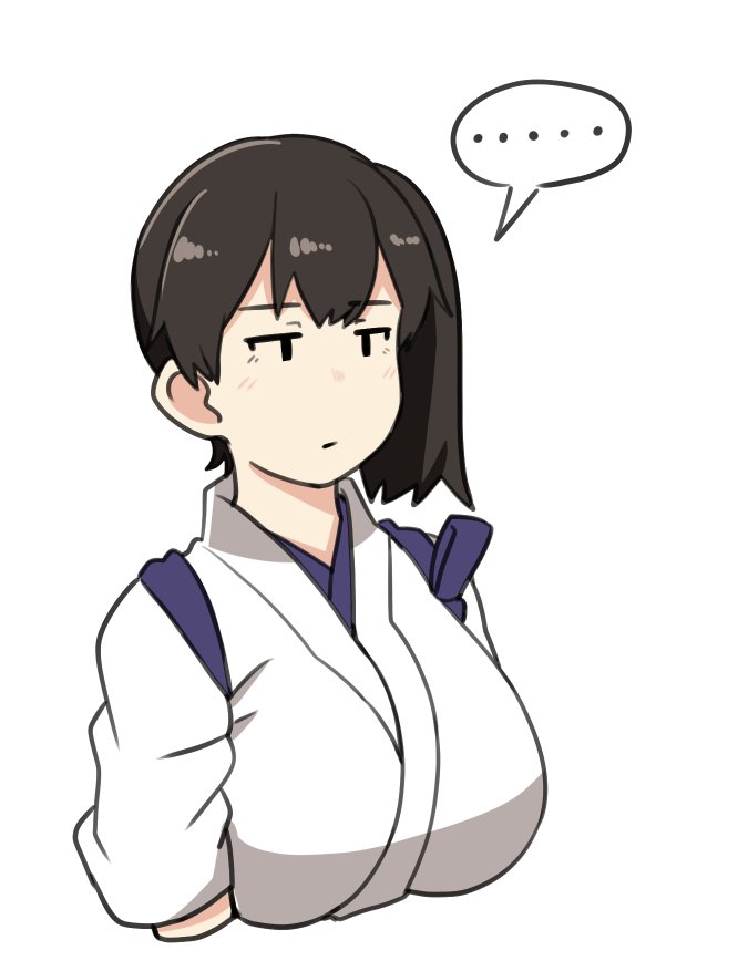 ... 1girl breasts brown_hair commentary_request cropped_torso expressionless japanese_clothes kaga_(kantai_collection) kantai_collection large_breasts long_hair ryuun_(stiil) side_ponytail simple_background solo spoken_ellipsis tasuki upper_body white_background