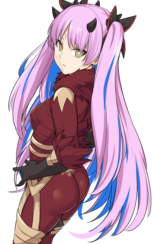 1girl ass bangs black_bow black_gloves blue_hair bodysuit bow breasts elbow_gloves facial_mark fate/grand_order fate_(series) forehead_mark fur_trim gloves hair_bow horns ishtar_(fate/grand_order) long_hair looking_at_viewer medium_breasts multicolored_hair pink_hair red_bodysuit shiseki_hirame simple_background solo space_ishtar_(fate) star star-shaped_pupils symbol-shaped_pupils thighs two-tone_hair two_side_up white_background yellow_eyes