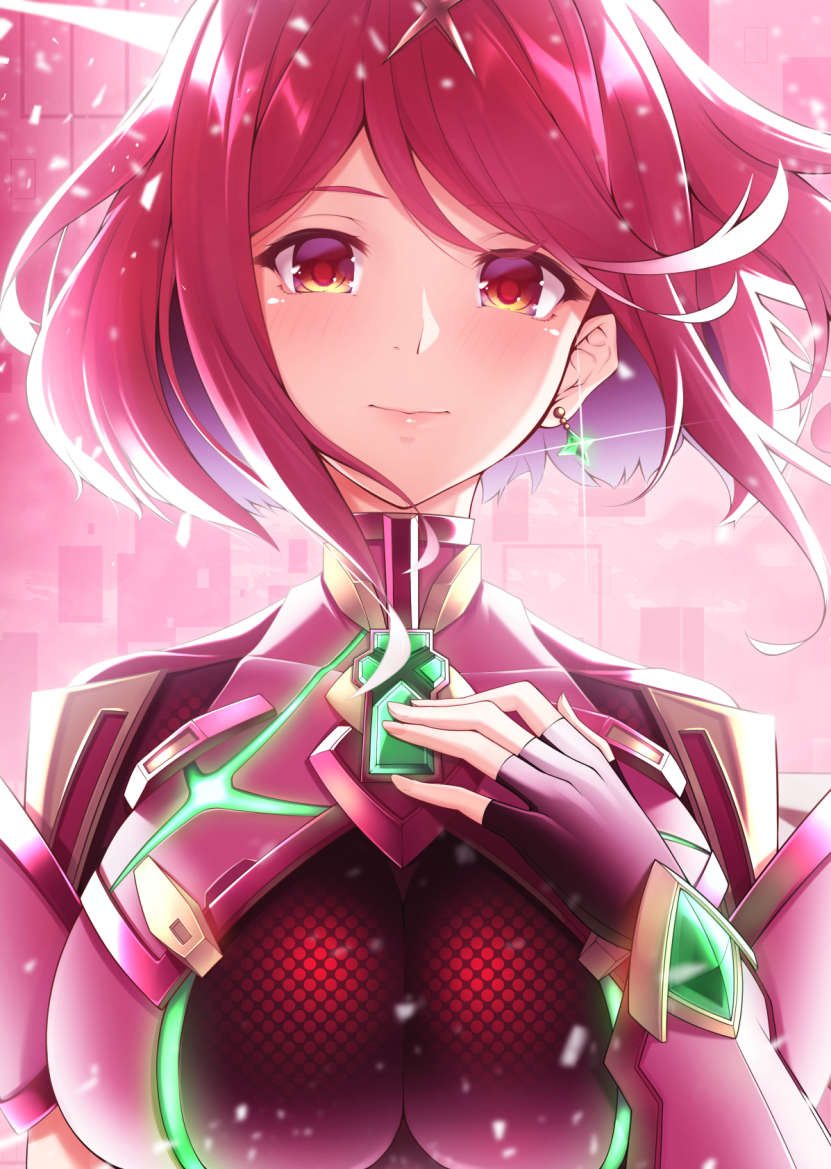1girl arm_guards bangs blush breasts closed_mouth commentary_request earrings eyebrows_visible_through_hair fingerless_gloves floating_hair gem glint gloves glowing hand_on_hip hand_on_own_chest pyra_(xenoblade) impossible_clothes jewelry large_breasts looking_at_viewer pink_background purple_gloves purple_hair red_eyes short_hair shoulder_armor smile solo swept_bangs takatun223 upper_body xenoblade_(series) xenoblade_2