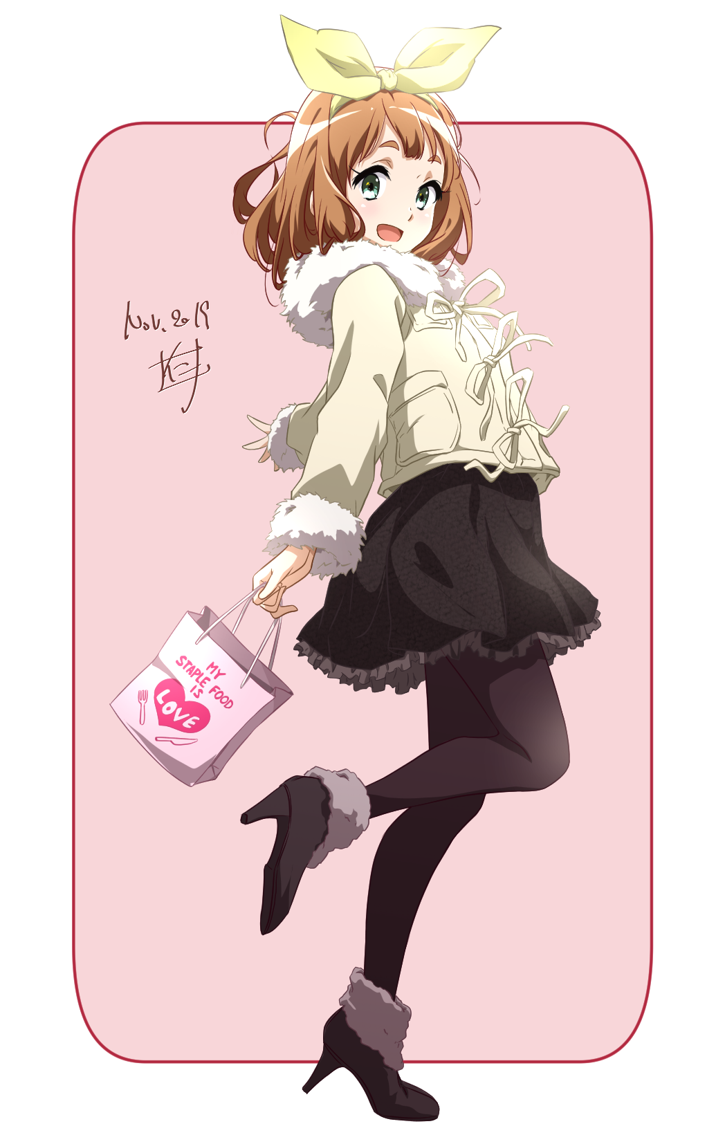 1girl :d ankle_boots bag black_footwear black_legwear black_skirt blush boots brown_hair casual coat dated english_text frilled_skirt frills from_side full_body fur-trimmed_boots fur-trimmed_coat fur-trimmed_sleeves fur_trim green_eyes hair_ribbon heart hibike!_euphonium high_heel_boots high_heels highres holding holding_bag leg_up long_sleeves looking_at_viewer looking_to_the_side medium_hair nii_manabu open_mouth outstretched_arms pantyhose pink_background ribbon shopping_bag signature skirt smile solo standing standing_on_one_leg two-tone_background white_coat yellow_ribbon yoshikawa_yuuko