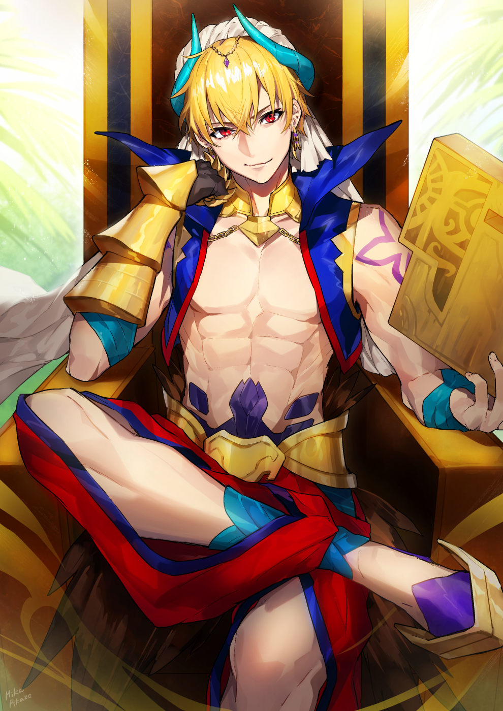 1boy abs black_gloves blonde_hair earrings fate/grand_order fate_(series) gauntlets gilgamesh gilgamesh_(caster)_(fate) gloves hat highres jewelry looking_at_viewer male_focus mika_pikazo red_eyes sitting smile solo stone_tablet tattoo throne vest