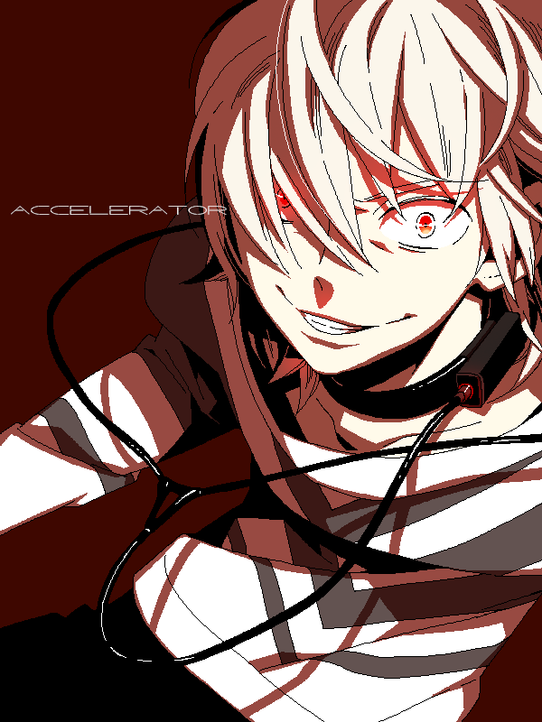 1boy accelerator bangs black_legwear cable character_name commentary evil_grin evil_smile grin hair_between_eyes hair_over_one_eye hoshino_lily long_sleeves looking_at_viewer messy_hair pale_skin red_background red_eyes shirt simple_background smile solo striped striped_shirt teeth to_aru_kagaku_no_accelerator to_aru_majutsu_no_index two-tone_shirt upper_body white_hair