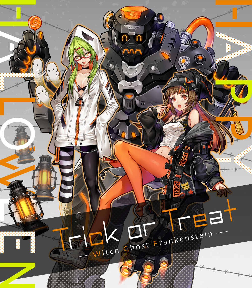 2girls black_legwear breasts candy food ghost glasses green_hair hair_ornament hairclip halloween halloween_costume happy_halloween hat jacket multicolored_hair multiple_girls orange_eyes orange_legwear original pantyhose senano-yu shoes small_breasts sneakers trick_or_treat twintails