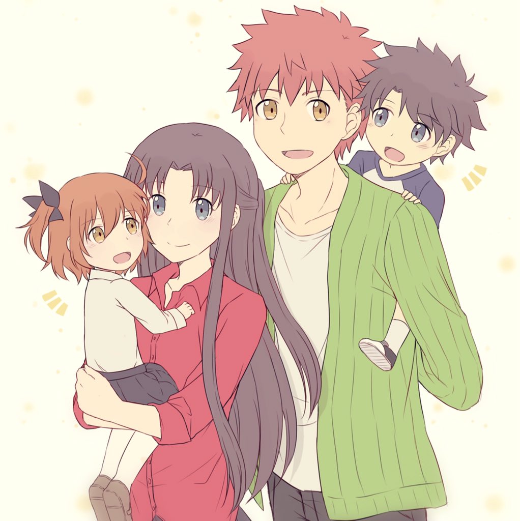 2boys 2girls asin_buy black_hair blue_eyes carrying dress_shirt emiya_shirou family fate/grand_order fate/stay_night fate_(series) fujimaru_ritsuka_(female) fujimaru_ritsuka_(male) green_cardigan loafers multiple_boys multiple_girls pants piggyback pleated_skirt red_shirt redhead shirt shoes skirt t-shirt tagme toosaka_rin white_shirt yellow_eyes